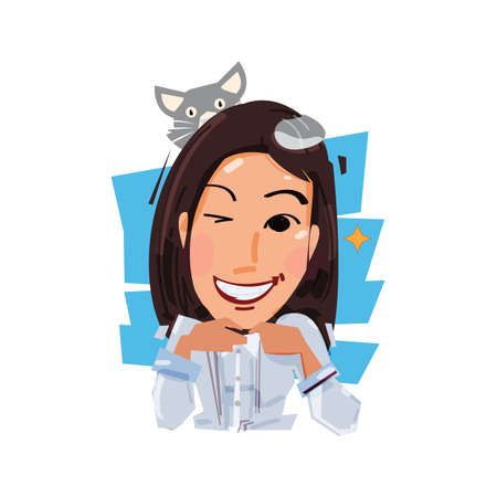 Smile female with her cat on head. pet and owner concept vector illustrationのイラスト素材
