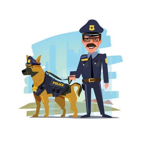 police officer standing with his partner. police dog. character design - vector illustrationのイラスト素材