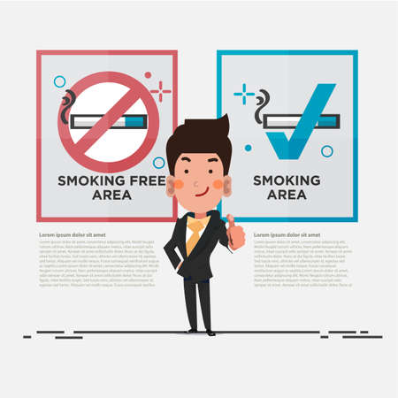 smoking free area and smoking area sign with smart businessman showing thumbs up. character design - vectorのイラスト素材
