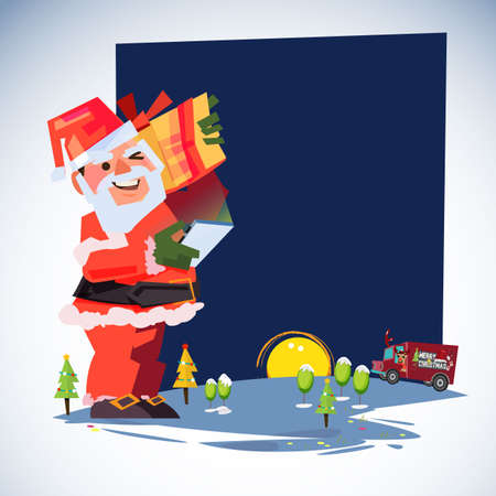 Santa Claus carry gift box and looking his phone for list of people to shipping. Express Delivery, delivery man. Merry Christmas and happy new year concept - vector illustrationのイラスト素材
