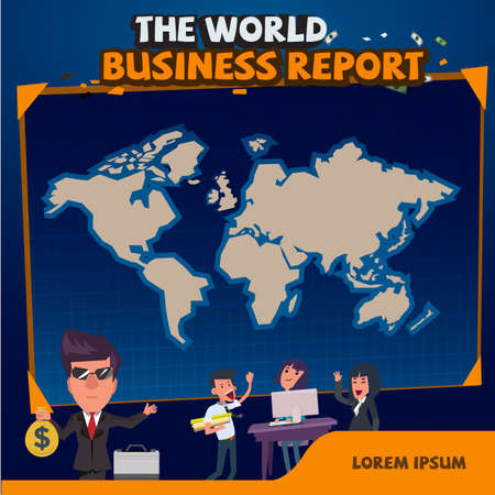Businessman with world map in background. financial report concept - vector illustrationのイラスト素材