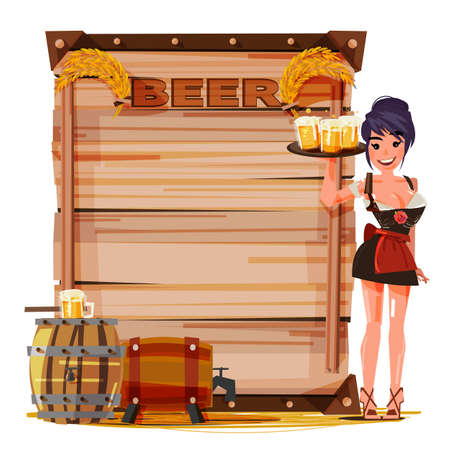 Beer girl with mug of beer in hand for serving. vintage wood board for presentation with beer barrel. Beer information - vector illustrationのイラスト素材