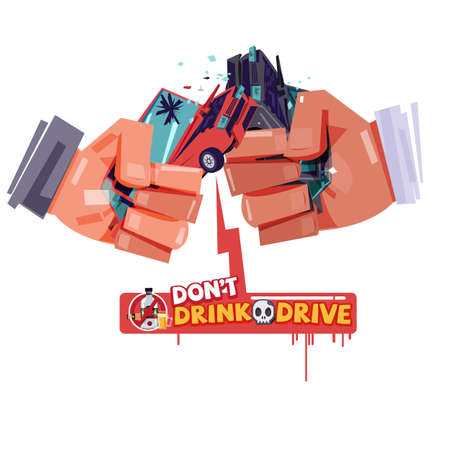 cheers hand with hitting car crash like a beer or alcohol glass. accident from drink and drive. don't drink and drive concept - vector illustrationのイラスト素材