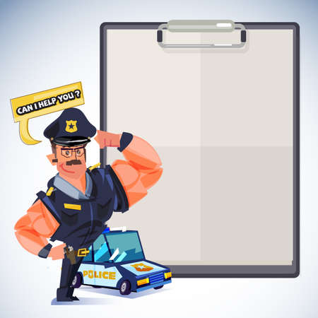 smart policeman showing muscle with clipboard to presentation.のイラスト素材