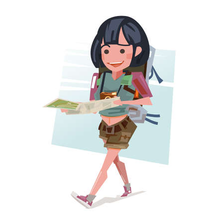 young female walking and looking at map with backpack. tourist concept - vector illustrationのイラスト素材