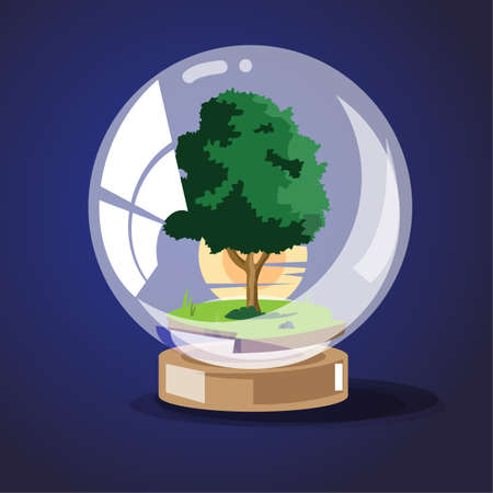 tree with sunset in glass ball. save the tree concept - vector illustrationのイラスト素材