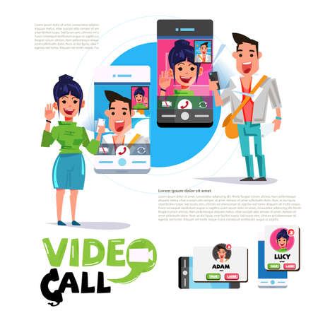 male and female communicates using video chat on smartphone. video call concept. typographic for header design - vector illustration.のイラスト素材