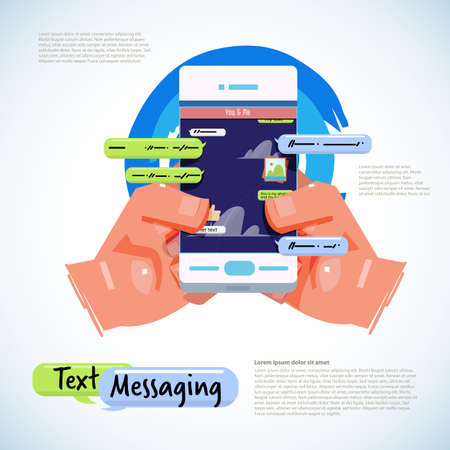 hand holding smartphone and texting message. chat with text message concept - vector illustrationのイラスト素材
