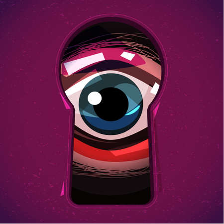 Human eye Looking through a keyhole. Eyes can see you concept. horror or halloween - vector illustrationのイラスト素材