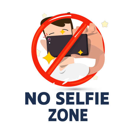 Male holding smartphone to selfie in stop symbol. no selfie zone concept - vector illustrationのイラスト素材