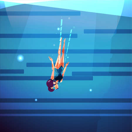 Free diving girl into the bottom of ocean or sea diving vector illustration.のイラスト素材