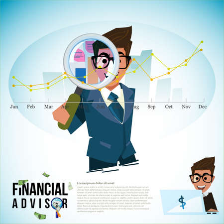 Financial adviser with magnifier and profit graph vector illustration.のイラスト素材