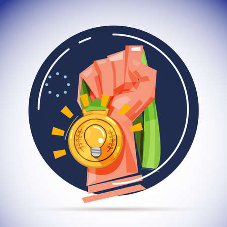 Hand with gold medals with light bulb of gold medals. winner idea concept - vector illustrationのイラスト素材