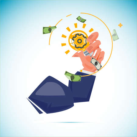 Muscle arm of businessman handle idea lightbulb with money banknotes. Power of idea concept - vector illustration.のイラスト素材