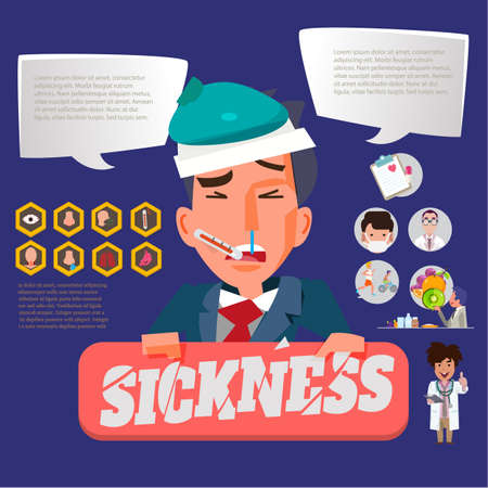 sickness businessman with healthy graphic elements. infographic for work and life balanceのイラスト素材