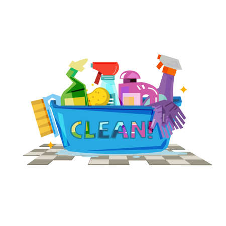 Cleaning products in plastic basket with typographic design vector illustrationのイラスト素材