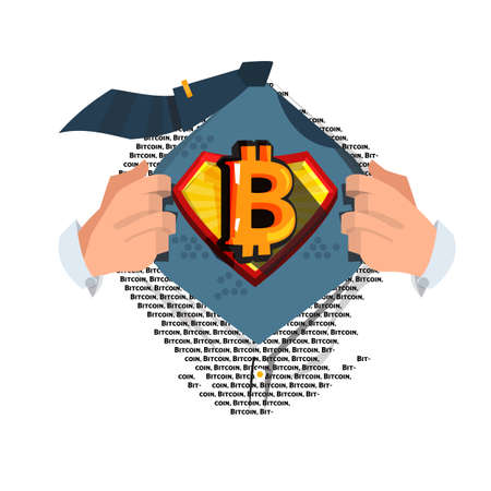 man open shirt to show "Bitcoins" symbol in cartoon style - vector illustrationのイラスト素材