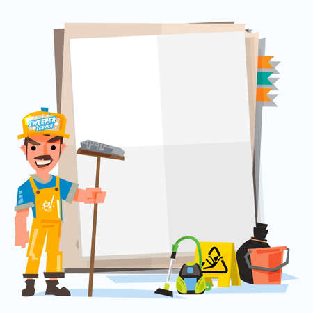 Sweeper or cleaner man with note paper for presentation. how to clean concept. character design with tools - vector illustrationのイラスト素材
