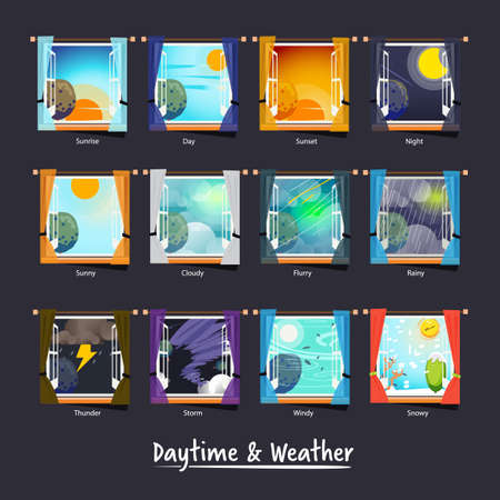 weather and daytime outside the window. weather icon concept - vector illustrationのイラスト素材