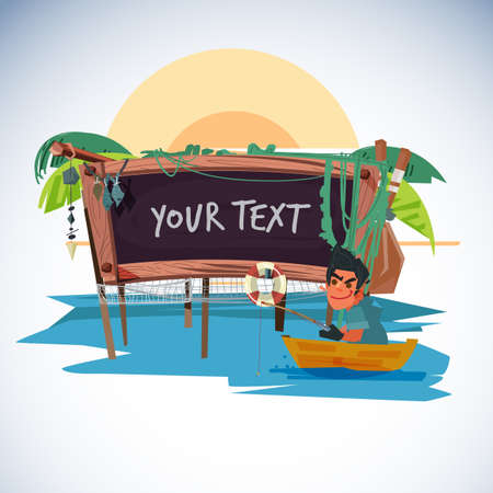 Fisherman with tropical wood board style to presenting - vector illustrationのイラスト素材