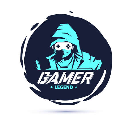 men in hood sweater in dark room. negative space with console joystick as glasses. Gamer legend. gamer logo concept - vector illustrationのイラスト素材