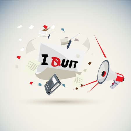 Megaphone shouting out with "I Quit letter"  with blowing paper and office tools left my job concept - vector illustrationのイラスト素材