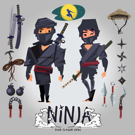Ninja male and female character design with tools set. logotype for your header - vector illustrationのイラスト素材