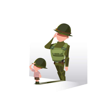 Boy with his shadow as soldier. Future Career Dreaming conept, Small kid wants to be a soldier in the future - vector illustrationのイラスト素材