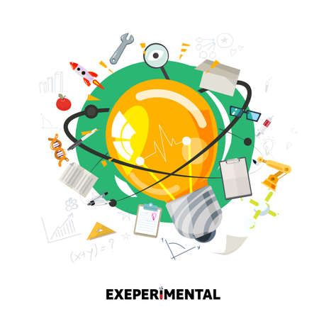Light bulb of experiment with knowledge elements. science and discover conceptのイラスト素材
