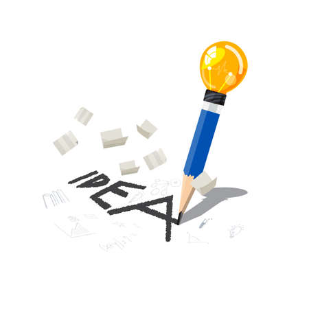 pencil with lightbulb of idea at buttom writing  "IDEA" wording with blowing money - vector illustrationのイラスト素材