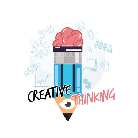 Pencil with human brain and eye. Creative or intelligence concept. Come with text letter - vector illustrationのイラスト素材