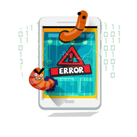 worm attack tablet and showing error on screen. computer worm. bug,  or malware concept - vector illustrationのイラスト素材