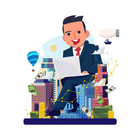businessman working by laptop with city in background. Real estate agent. Real estate developers. make money by real estate concept - vector illustrationのイラスト素材