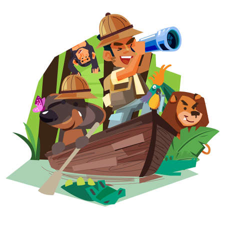 Explorer man with his dog rowing on the wooden boat in rain forest river to explorer for animal and...