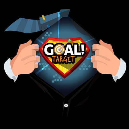 man open shirt to show "Goal target" logotype in cartoon style. life or business goal concept - vector illustrationのイラスト素材