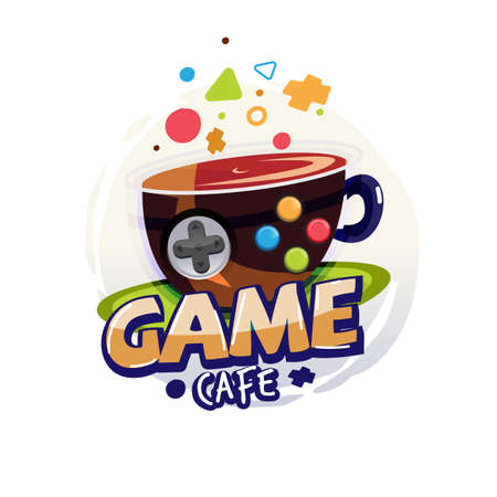 game cafe logo. game button on coffee cup with typographic - vector illustrationのイラスト素材
