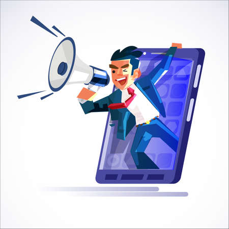 businessman in big smartphone shouting out with megaphone. online business announcement or presentation - vector illustrationのイラスト素材