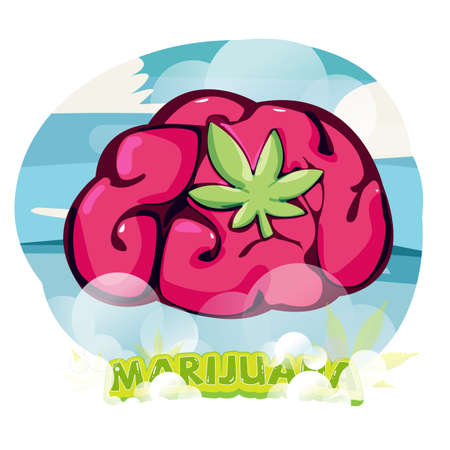 Brain with Marijuana Leaf. effect of marijuana high. healing by cannabis - vector illustrationのイラスト素材
