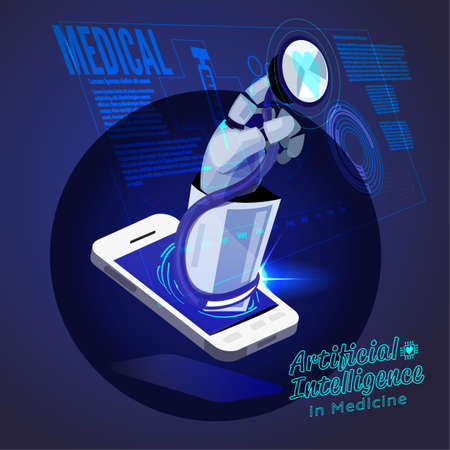 robot hand holding stethoscope checking medical interface. artificial intellifent in medicine concept - vector illustrationのイラスト素材