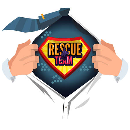 man open shirt to show "rescue team" typographic design in comic style - vector illustrationのイラスト素材