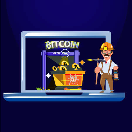 mine entrance with gold miner holding shovel with cart of bitcoin. Bitcoin mining concept - vector illustrationのイラスト素材