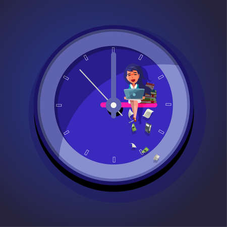 Working Late. office girl working hard till late night on wall clock - vector illustrationのイラスト素材