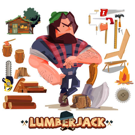 Lumberjack or carpenter with tool and equipment set - vector illustrationのイラスト素材