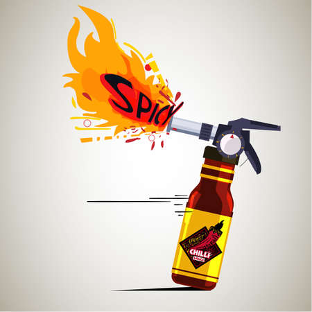 chilli sauce as extinguisher with high flame fire. spicy sauce concept - vector illustrationのイラスト素材