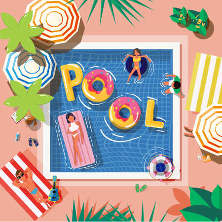 pool in top view with reading people and graphic elements - vector illustrationのイラスト素材