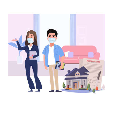 Real Estate agent woman with clients wearing mask - vector illustrationのイラスト素材