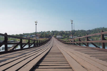 Raman wooden bridge embodiment of unity of the people Sangkhlaburi.の写真素材