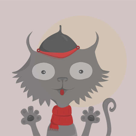 Gray cat in a hat and scarf raised his paws up. Vector illustration.のイラスト素材
