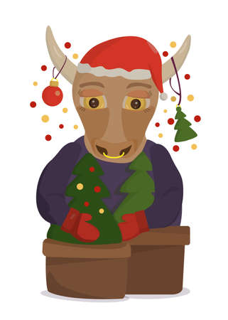 The bull has grown trees for the new year. The bull decorated the Christmas trees and put on a New Year's red hat and mittens.のイラスト素材