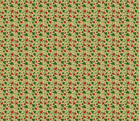 The pattern consists of: leaves, twigs, rose hips, red berries, multi-colored dots. Primary colors: red, green. Used a yellow background.のイラスト素材